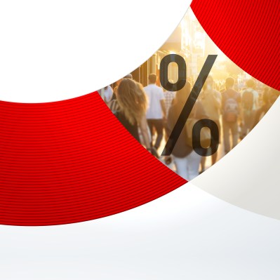 A large red curved band with horizontal stripes frames a bright, blurry image of people walking, with a large black "0%" symbol superimposed in the foreground.