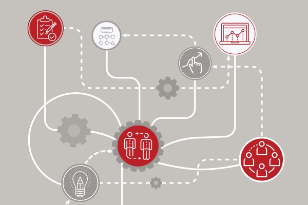 A flowchart-style illustration on a grey background. Red-outlined circles with icons representing a checklist, laptop with charts, and people are connected by dashed lines to grey-outlined icons of gears, a lightbulb, and a process flow.