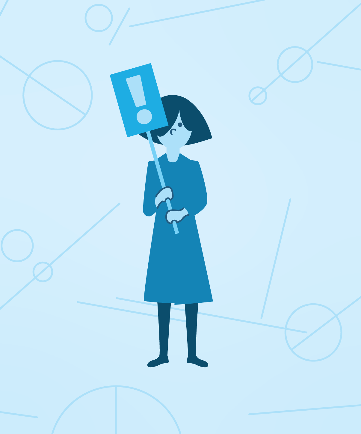 Illustration of a woman in a blue dress holding a sign with an exclamation point on it.