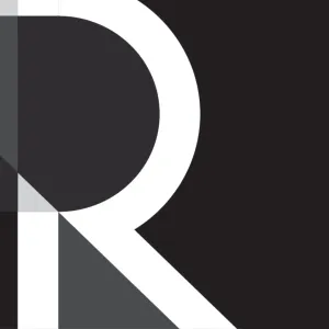 A minimalist graphic design features a large white stylized "R" on a black background. Grey geometric shapes are visible in the top and bottom left corners.