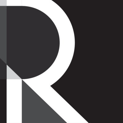 A minimalist graphic design features a large white stylized "R" on a black background. Grey geometric shapes are visible in the top and bottom left corners.