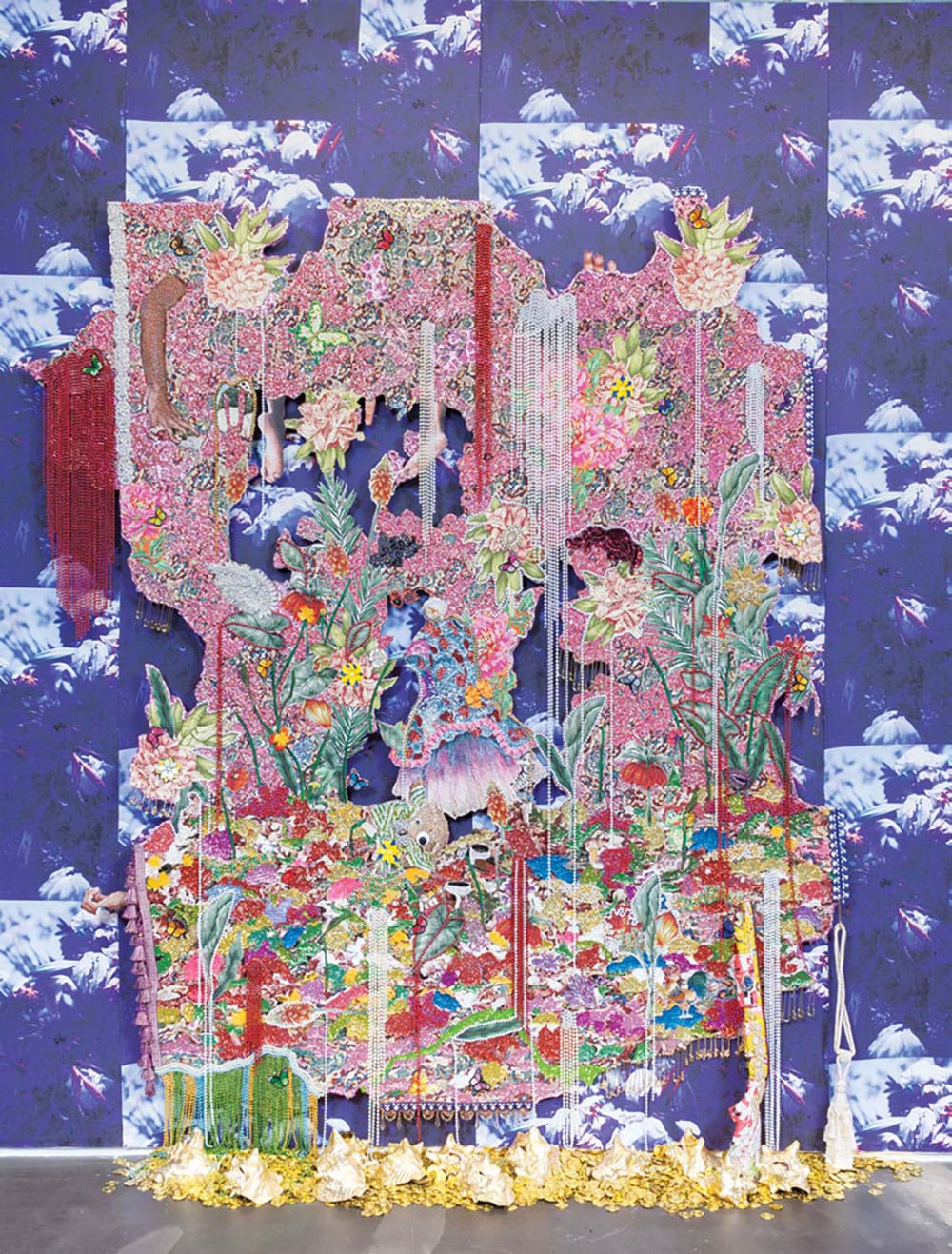 Ebony G. Patterson | … she saw things she shouldn’t have ... for those who bear/bare witness, 2018 | Jacquard-woven tapestry and mixed media on artist-designed fabric wallpaper