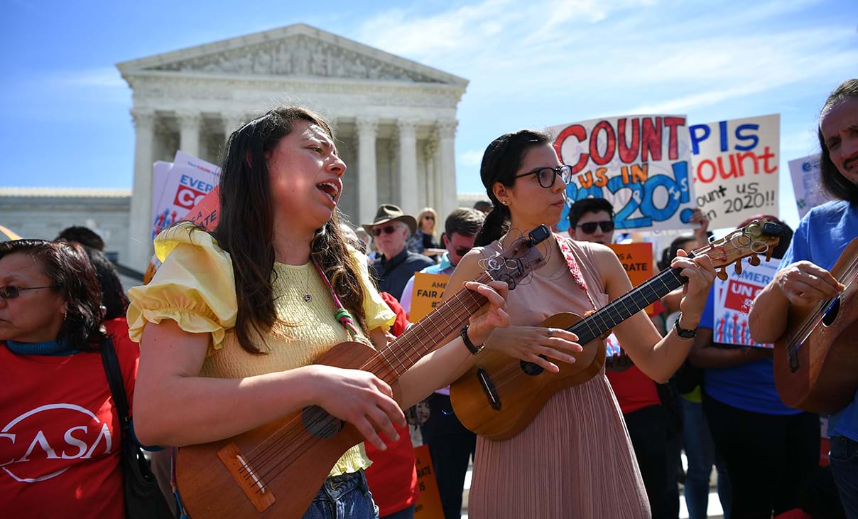 Women protesting the citizenship question in the 2020 census playing charango's outside the US Supreme Court in Washington. DC.