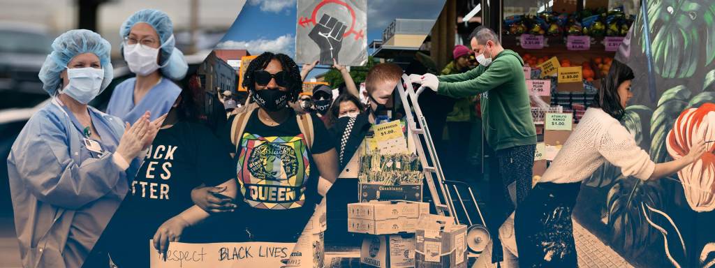 A collage with healthcare workers, protesters, grocery workers, and a muralist. 