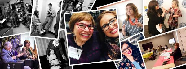 A collage of historical and recent photographs of Judy Heumann and Katherine Perez at work. Judy has short brown hair, red glasses, and sits in a wheelchair. Katherin has shoulder length brown hair and black glasses.