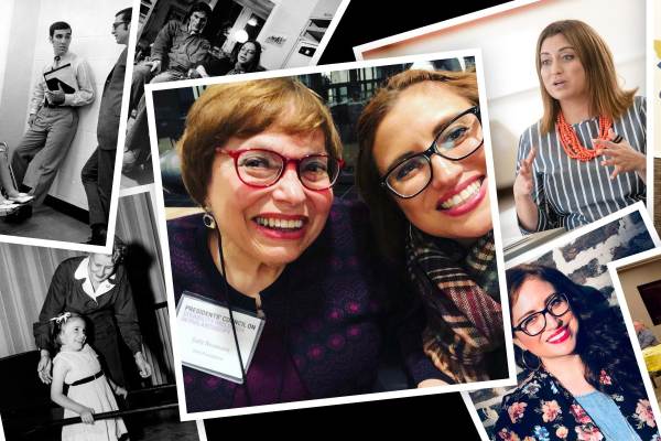 A collage of historical and recent photographs of Judy Heumann and Katherine Perez at work. Judy has short brown hair, red glasses, and sits in a wheelchair. Katherin has shoulder length brown hair and black glasses.