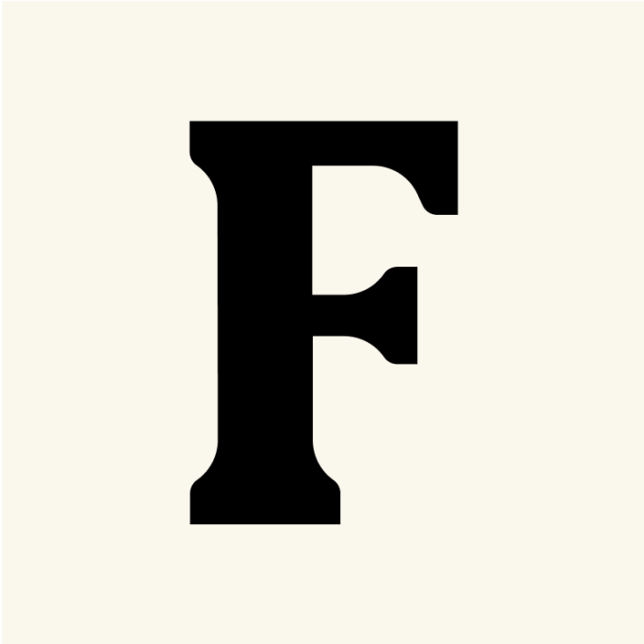 Black letter "F" against a beige background.