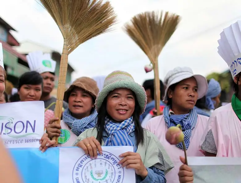 Women demonstrate for labor rights in Phnom Penh, Cambodia.