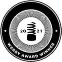 Black and white circular design with 2021 and a coil icon in the center and the text "webby award winner" wrapped around the bottom.