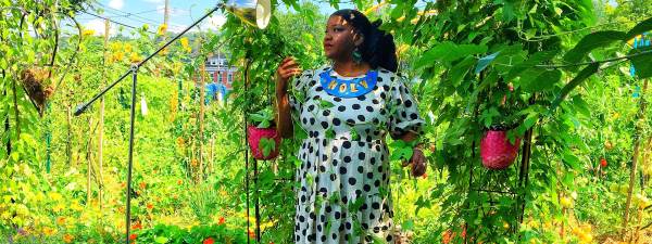 Artist Vanessa German wearing a white dress with black spots stands in a garden path under a landscaped arch, surrounded by orange, purple, red, and yellow flowers