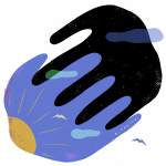 Two hands, one lavender, one dark blue, intersect at the fingers, joined by a sunrise and clouds.