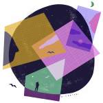 Illustrations of different colored grids layered over a black circle.