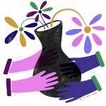 Illustration of two hands holding a vase of multicolored flowers.