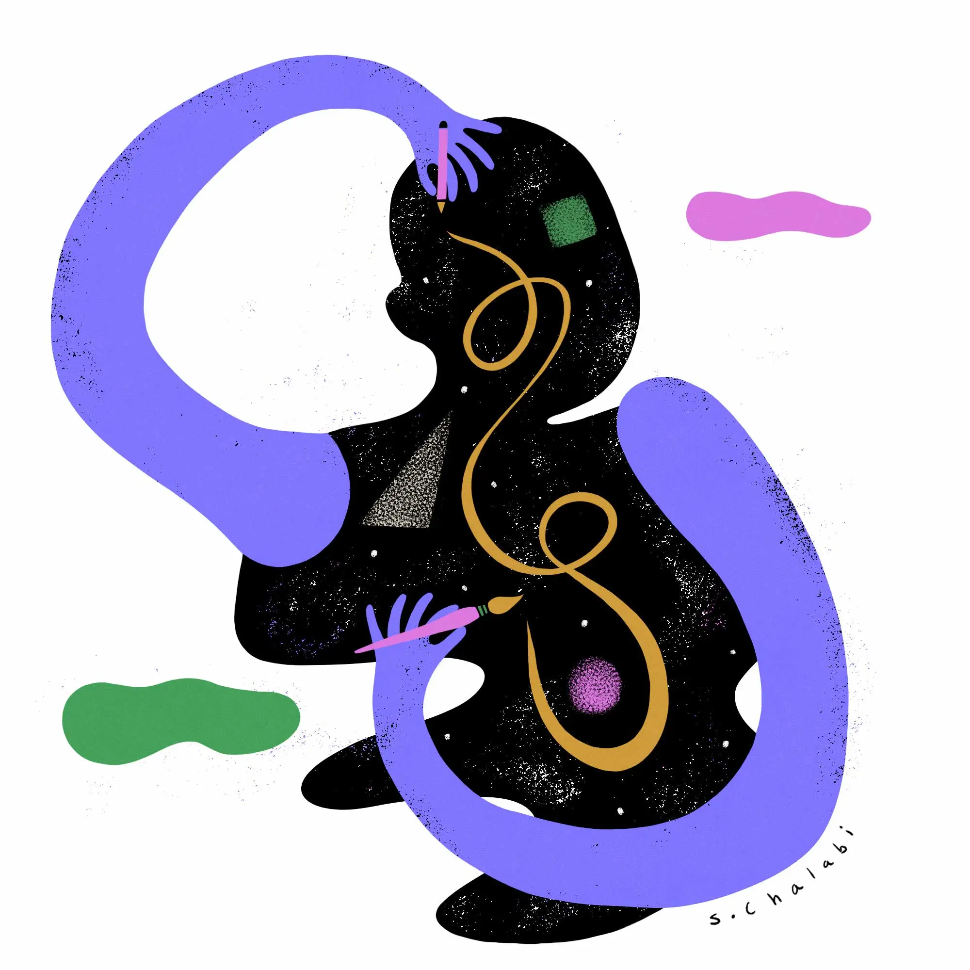 A figure in black with bright purple arms reaches inward with a pencil and paintbrush to create shapes and lines inside the body of the figure.