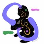 A figure in black with bright purple arms reaches inward with a pencil and paintbrush to create shapes and lines inside the body of the figure.