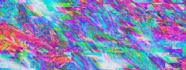 A brilliantly colored glitch art in fluorescent pinks, purples, blues and greens blending together almost into a painting. 