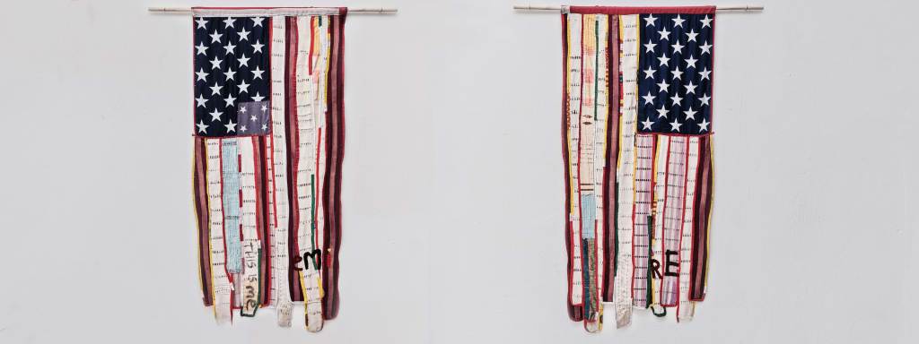 Image of daàPò réo, I TO I (Two-sided Flag from the Self Portraits series). Two American flags made up of different fabrics hung up side by side against a gray background.