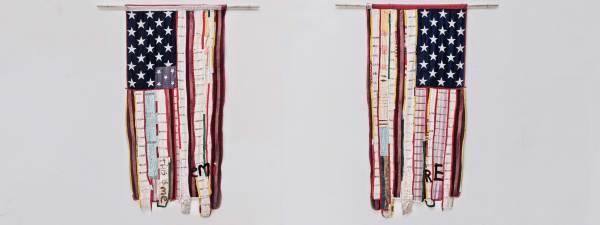 Image of daàPò réo, I TO I (Two-sided Flag from the Self Portraits series). Two American flags made up of different fabrics hung up side by side against a gray background.