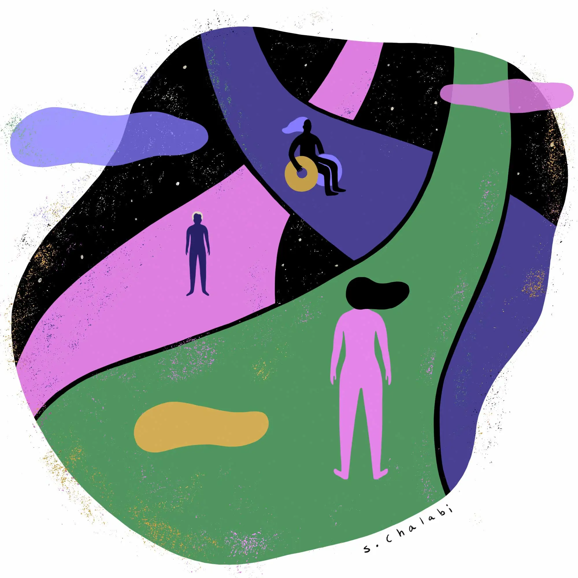 Three figures on three winding and intersecting pathways in space. In the foreground, a pink figure stands with hair blowing. In the background, a dark purple figure stands and a black figure moves in a wheelchair. 