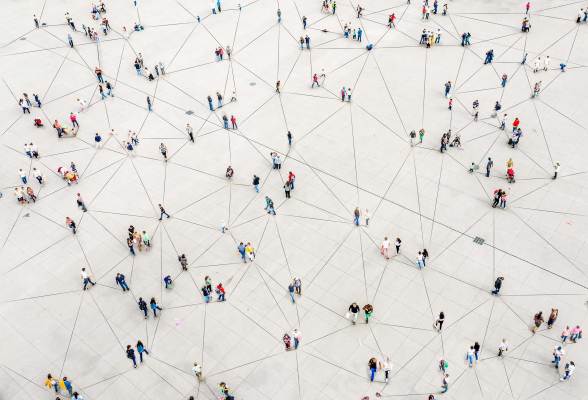  Aerial view showing clusters of people connected by lines. Photo Orbon Alija.
