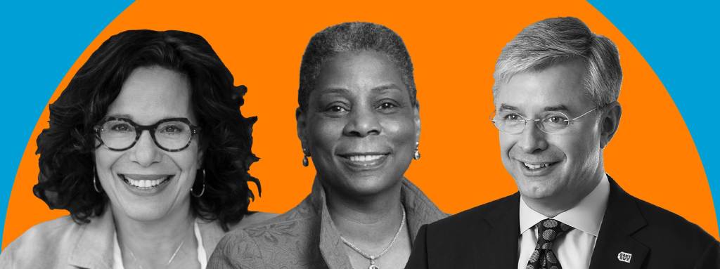 Black and white portraits of Julia Sweig, Ursula Burns, and Hubert Jolly composed in front of a bright orange half circle and a cyan background.
