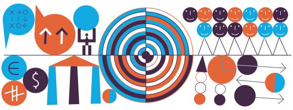 Four quadrants with abstract shapes complex systems, people, finance, and strategies employing arrows shapes and circles converge in a bullseye of concentric circles.