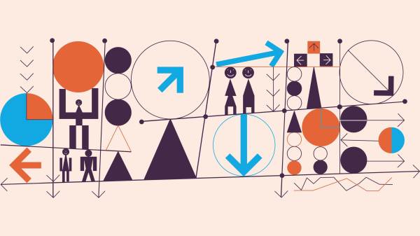 Abstract shapes complex systems, people, finance, and strategies employing arrows shapes and circles converge in a bullseye of concentric circles