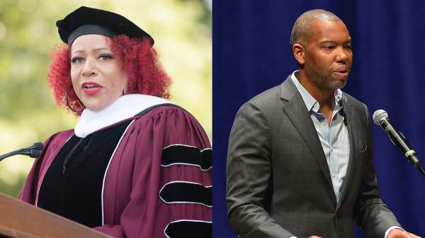 Nikole Hannah-Jones wears a cap and gown while addressing a crowd from behind a podium during a commencement address. Ta-Nehisi Coates wears a suit while speaking into a microphone at a lectern.
