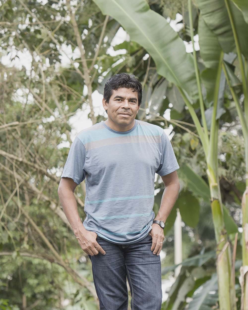 An indigenous man with short black hair standing in front of banana trees wearing a blue t-shirt and blue jeans.
