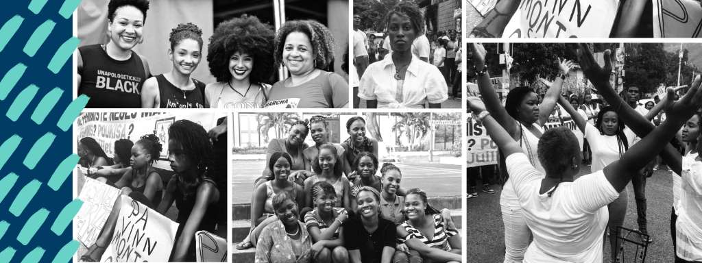 A collage of black and white images featuring Black women demonstrating, smiling, gathering, and holding signs. A pattern of teal paint strokes dots the left edge.