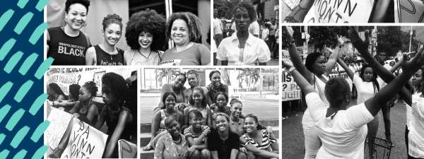 A collage of black and white images featuring Black women demonstrating, smiling, gathering, and holding signs. A pattern of teal paint strokes dots the left edge. 
