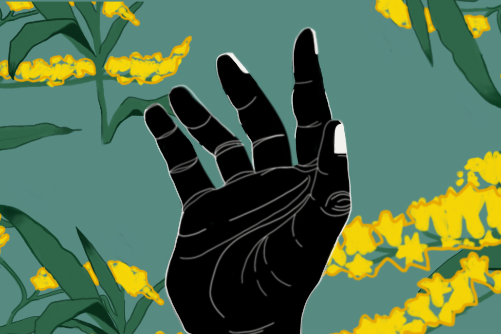 An outstretched hand that is illustrated in black and white is against a sage green background with yellow flowers and green leaves.