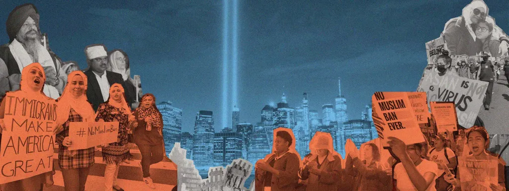An assortment of images form a collage that depicts 9/11 and the moments afterward. The photos are primarily black and white with either a burnt orange or blue accent color.