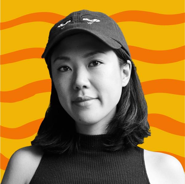 B&W Picture of Chantal Wong against an orange graphic background.