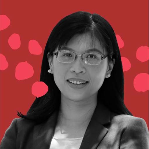 B&W Picture of Dandan Wang against a red graphic background.