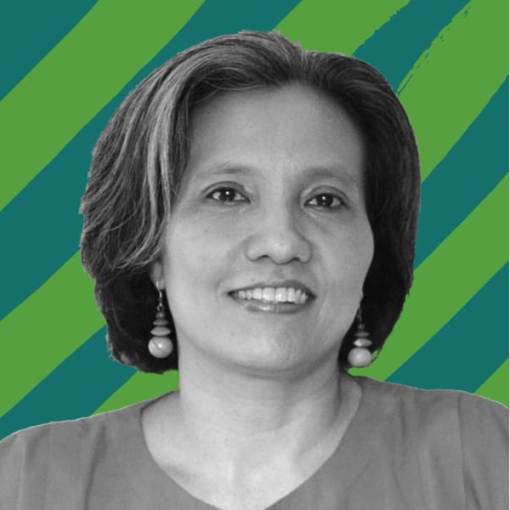 B&W Picture of Devi Anggraini against a green graphic background.
