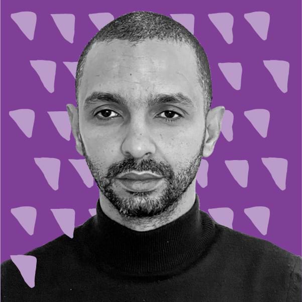 B&W Picture of Imededdine Ouertani against a purple graphic background.