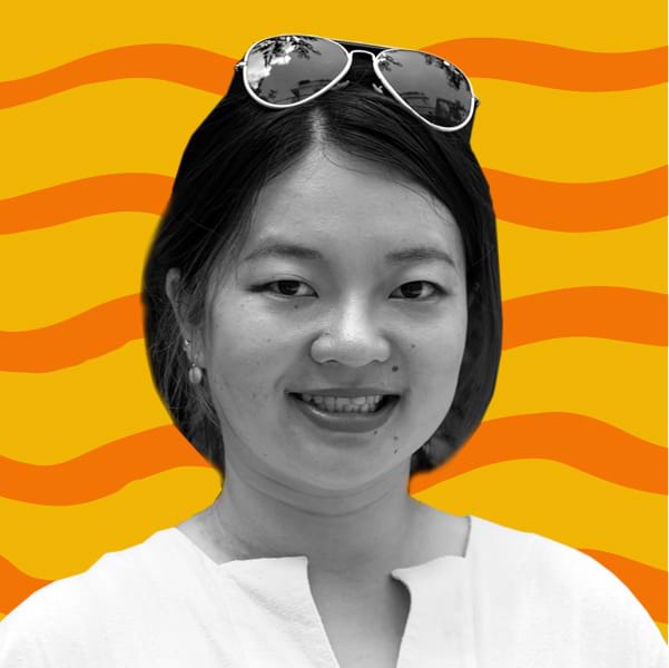 B&W Picture of Jing Xiong against an orange graphic background.