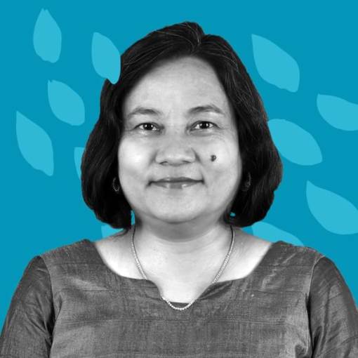 B&W Picture of Juliana Lohar against a blue graphic background.