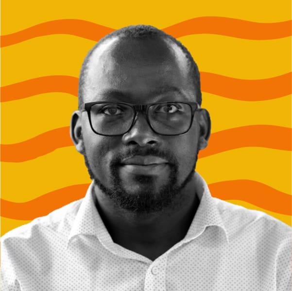 B&W Picture of Michael Richard Katagaya against an orange graphic background.