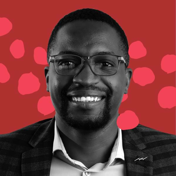 B&W Picture of Tawanda Mugari against a red graphic background.