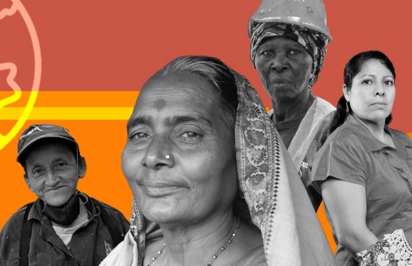 A collage features black and white photos of individuals, against a burnt orange background with primarily orange and yellow graphic shapes. An outline of a globe is shown in the upper left corner of the composition.