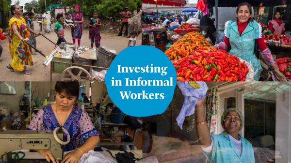 Four images show informal workers engaged in their respective occupations. The text "Investing in Informal Workers," is at the center of the graphic.