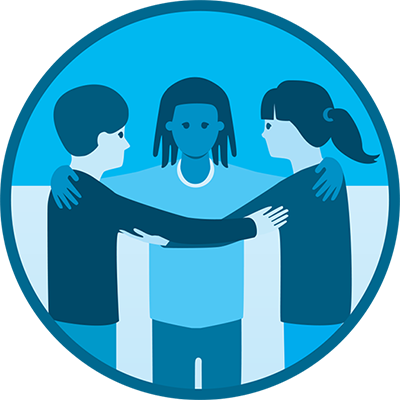An illustration of three people with their arms on each others shoulders