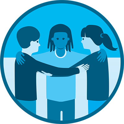 An illustration of three people with their arms on each others shoulders