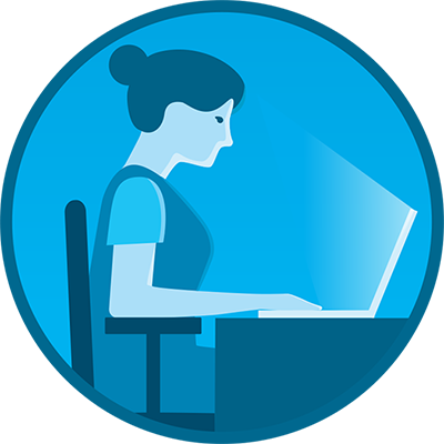 An illustration of a seated woman looking at a laptop