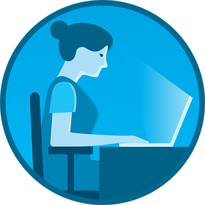 An illustration of a seated woman looking at a laptop