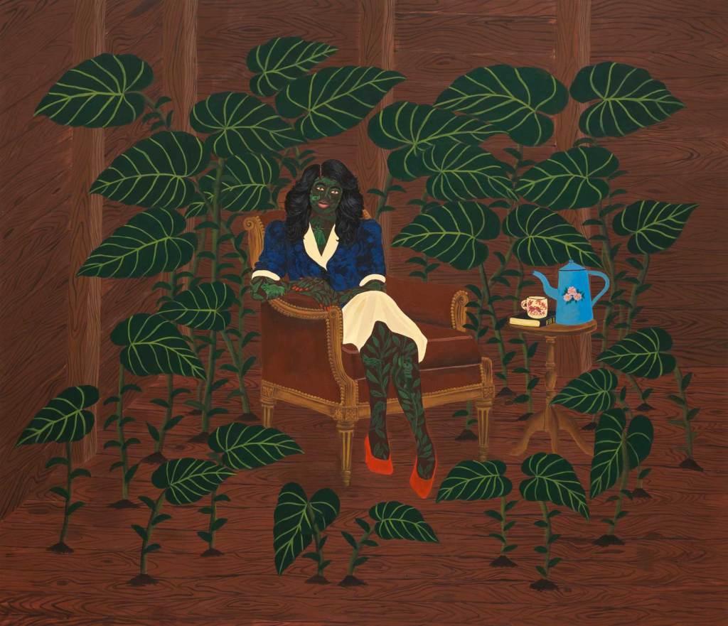 Painting of a female figure with wavy black hair seated on an armchair surrounded by large green leaves sprouting from the wooden floorboards. She is wearing bright red shoes, a blue and white dress and her exposed skin is covered in foliage.