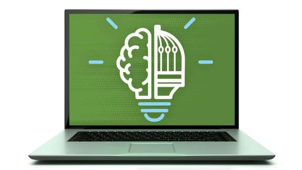 Illustration of laptop with light bulb icon half brain and half government building