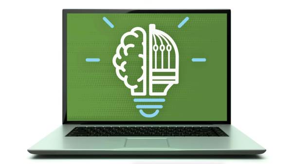Illustration of laptop with light bulb icon half brain and half government building